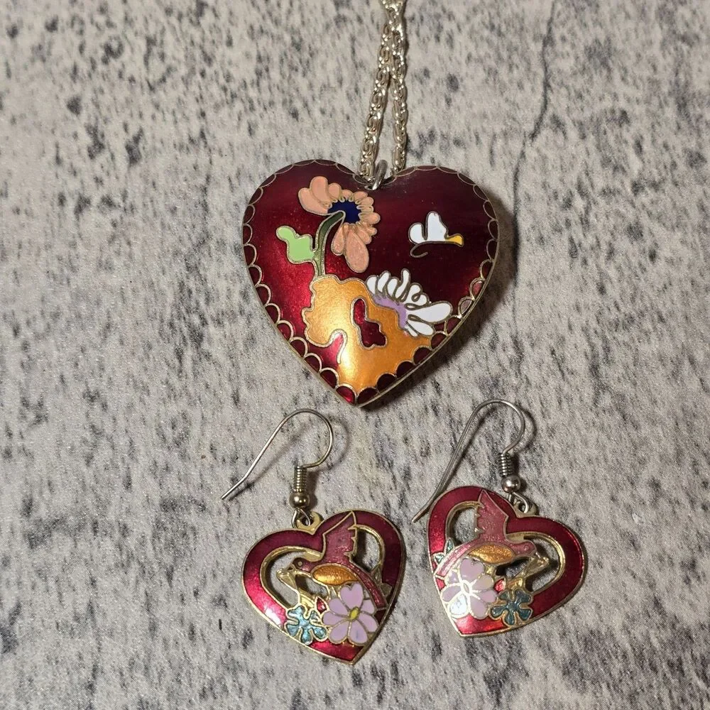VTG Estate Cloisonné Clamper Butterfly Necklace w/ Pierced Dangle Earrings! 127